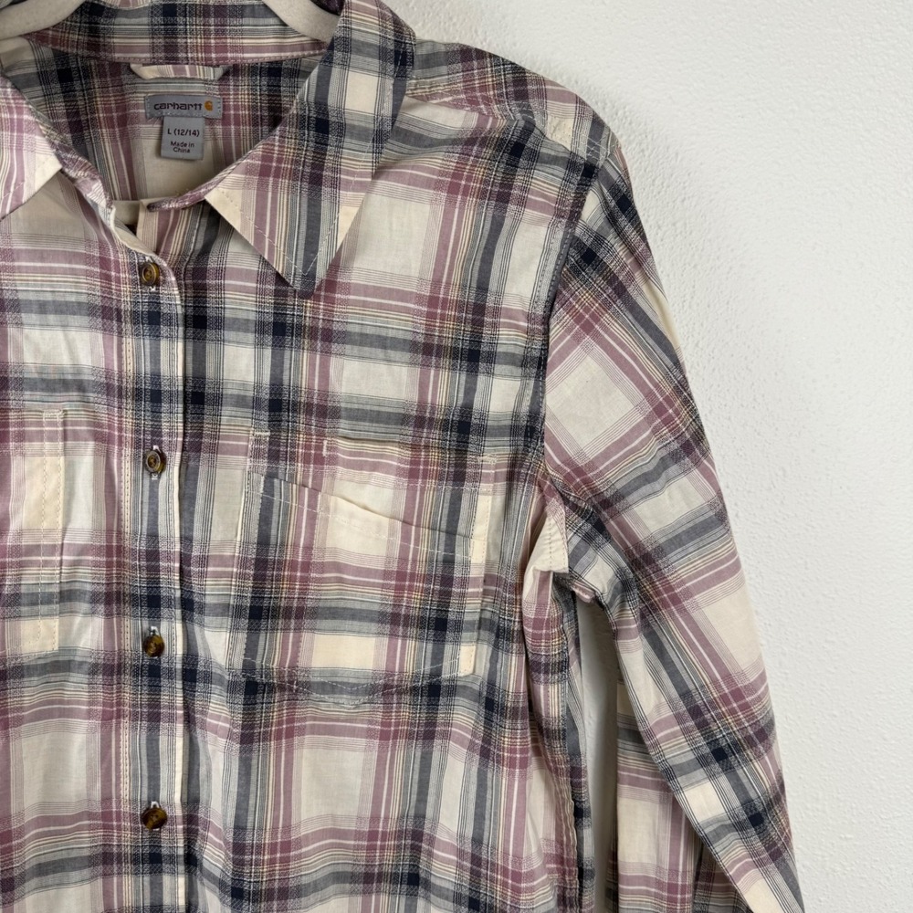 Carhartt Youth L (12-14) Plaid Button Up Shirt Long Sleeve Purple Cream 103085 - Picture 8 of 8